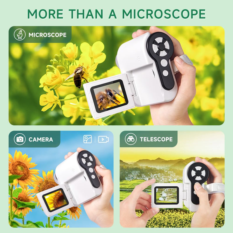 [Australia - AusPower] - Microscope for Kids, 1000X Handheld Digital Microscope with 2" LCD Screen Portable Mini Microscope for Kids 3-12, PC Compatible, 32GB TF Card Included, Great Educational Tool - White & Black 