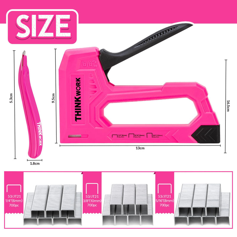 [Australia - AusPower] - THINKWORK Light Duty Staple Gun, Pink Upholstery Staple Gun for Wood with 2100pcs JT21 Staples 1/4", 5/16", 3/8" and Staple Remover, Women Fabric Stapler Gun for Crafts, Wall, Arts, DIY, Decoration 