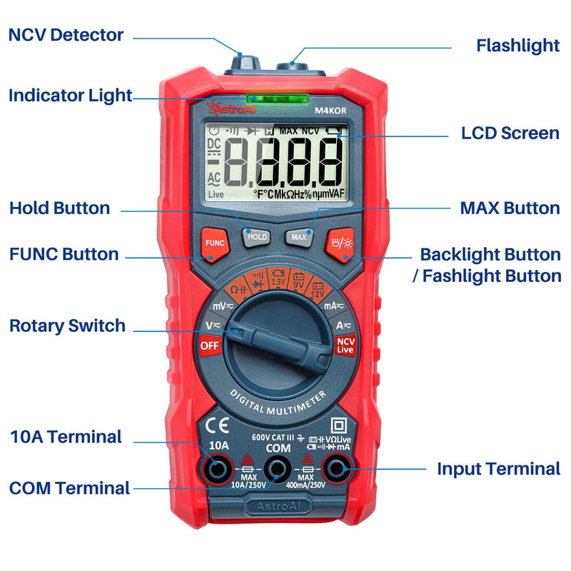 [Australia - AusPower] - AstroAI Digital Multimeter, TRMS 4000 Counts Volt Meter (Manual and Auto Ranging) Battery Voltage Tester 