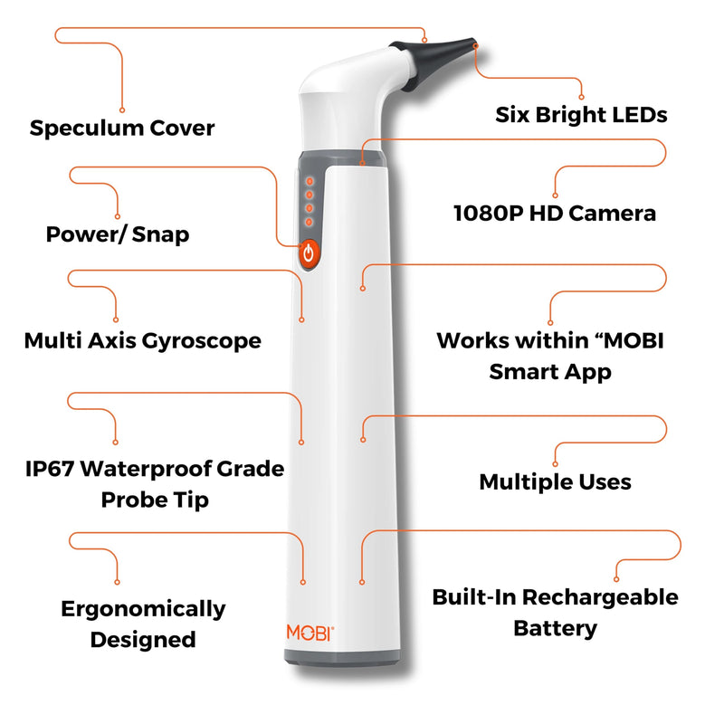 [Australia - AusPower] - MOBI Connect Wi-Fi Otoscope for Ears, Nose & Throat - 1080P HD Lens, Multi-Axis Gyroscope, 6 LED Lights, 90+ Min Use, 3 Ear Speculum, Suitable for Adults & Children 