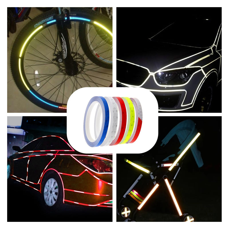 Self-Adhesive Reflective Tape - 5 Rolls Waterproof High Visibility Safety Strips for Cars, Bikes, Motorcycle, Mailbox, Helmet, Gear | 10mm x 8m, 5 Colors
