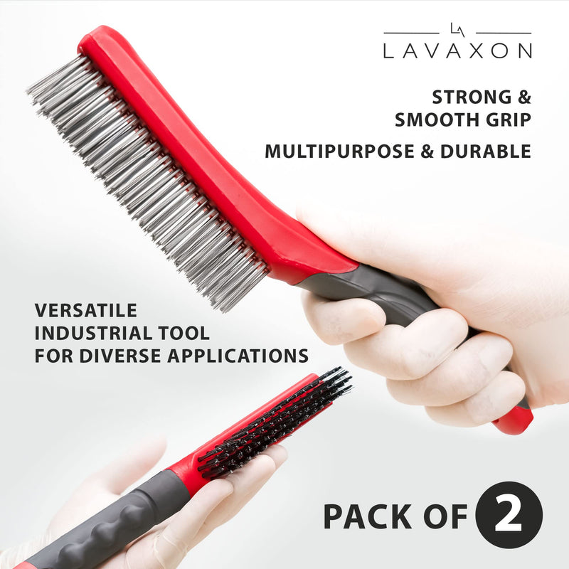 [Australia - AusPower] - Wire Brush Set-Heavy Duty Stainless & Carbon Steel Bristles with Plastic Handle Grip for Rust, Wielding Slag, Dirt & Paint Scrubbing with Deep Cleaning – 10 Inches, Large (Pack of 2-Red) Red 