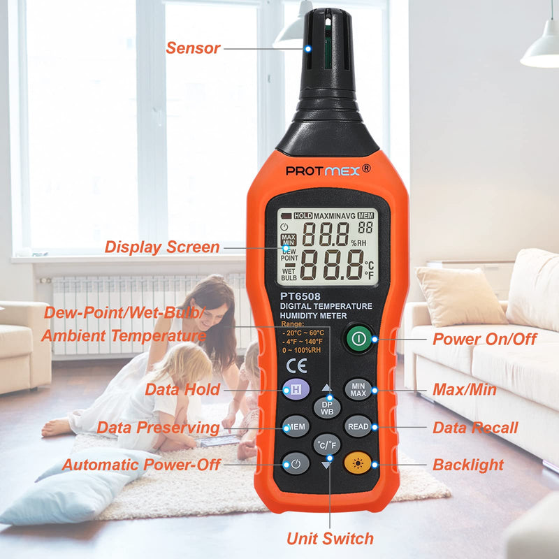 Protmex Digital Temperature Humidity Meter, Thermometer Hygrometer with Ambient Dew Point and Wet Bulb Temperature Indoor and Outdoor, Data Logger with Min/Max Hold, LCD Backlight, PT6508 Black+Orange