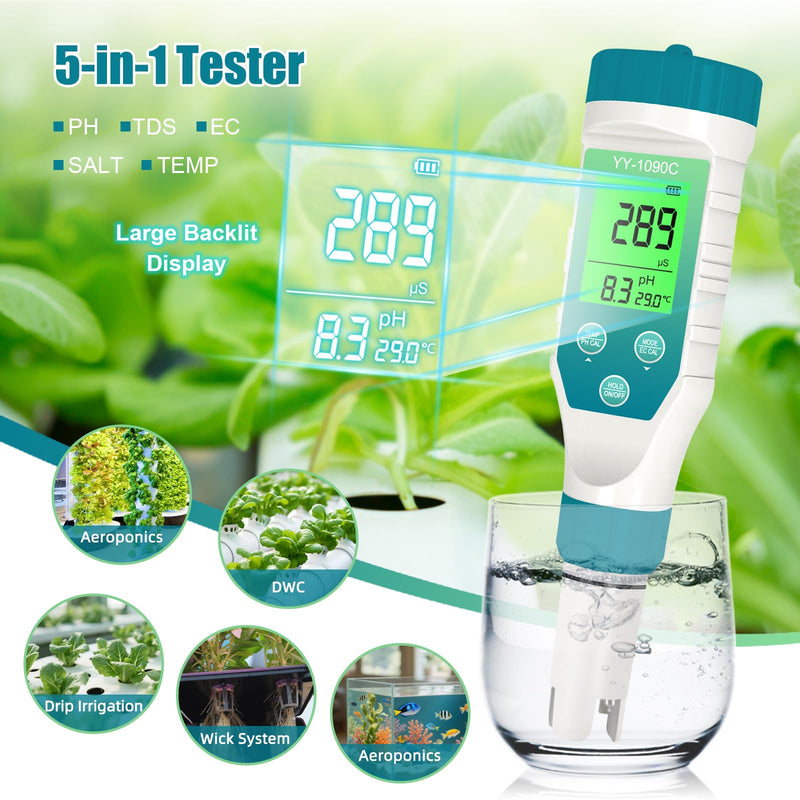 [Australia - AusPower] - 5-in-1 Digital Pool Water Tester, Salinity & pH Meter with 12.88mS Calibration Solution – Saltwater Pool & Spa Monitor, TDS EC Temp Tester for Hot Tubs, Aquariums, Hydroponics 