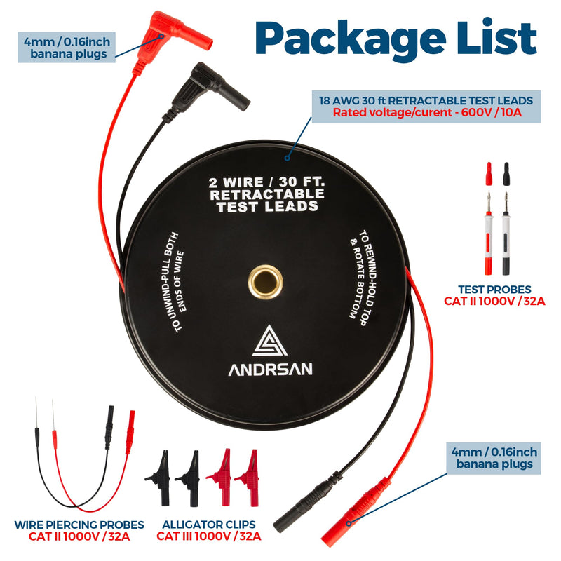 [Australia - AusPower] - 2 Wire 30 ft Retractable Test Leads with 4 mm Banana Plugs, 18 AWG Multimeter Test Leads with 4 Alligator Clips, 2 Test Probes and 2 Wire Piercing Probes, Test Lead Kit for Testing Electrical Circuits 