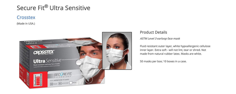 Crosstex Ultra Sensitive FogFree Face Masks w/SecureFit Tech White Box of 40