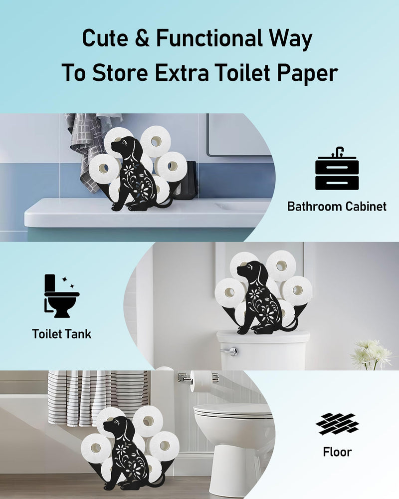Dog Toilet Paper Holder Stand for Extra 8 Rolls, Unique Decorative Free Standing Toilet Paper Storage, Farmhouse Bathroom Animal Decor Accessories Storage Cabinet Dusky Black - Flower Dog