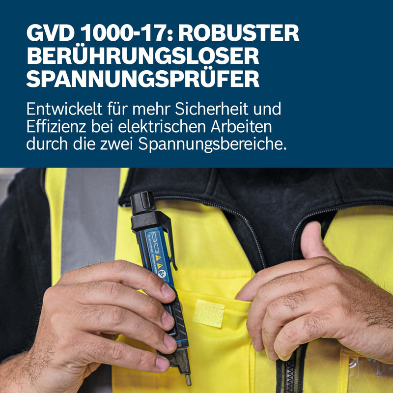 [Australia - AusPower] - Bosch Professional Voltage Tester GVD 1000-17 (Non-Contact Voltage Detection, IP67, Dual Range 24-1000V AC, Integrated Torch, Belt Clip, CAT IV 1000V Tested) 