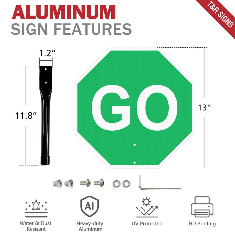 T&R (2 Pack) Stop and Go Sign with Handle, 13 x 13 Inches Double Sided Stop/Slow Traffic Sign, Rust Free Aluminum Reflective, Weather Resistant, Waterproof, Fade Resistant, Easy to Mount. 13" x 13" - 2 Pack - Stop/Go