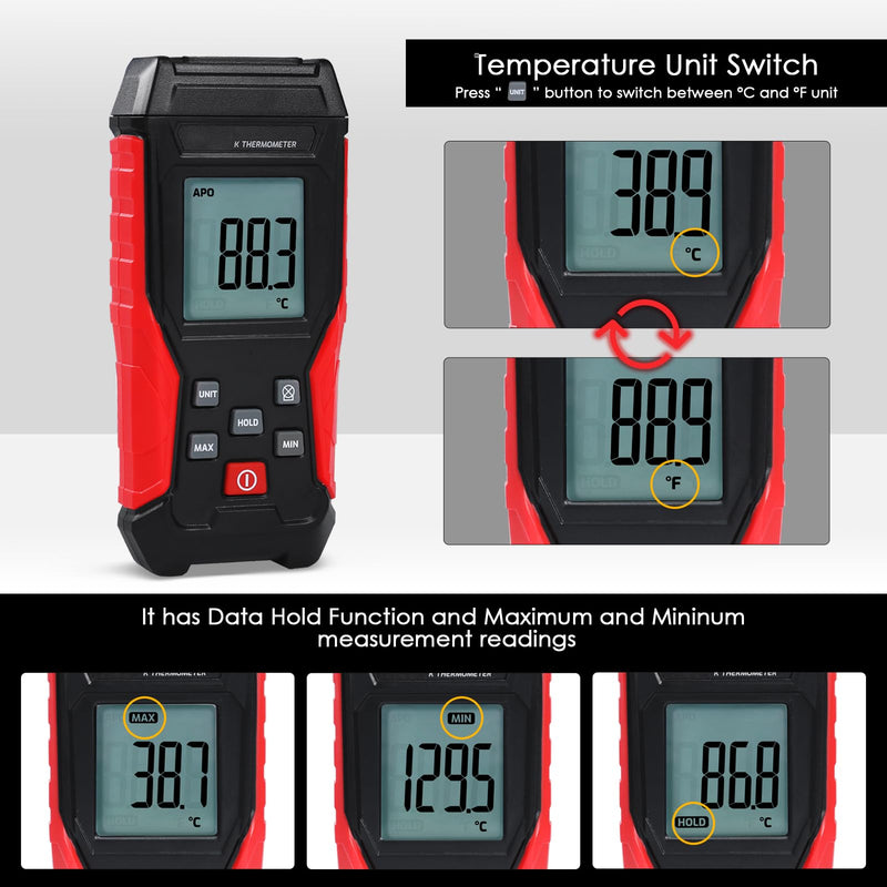 [Australia - AusPower] - Thermocouple Thermometer Digital K Type Thermometer, Thermocouple Tester(-328~2501℉) with 2 K-Type Thermocouples LCD Display Temperature Tester for K Type (Single Channel) 