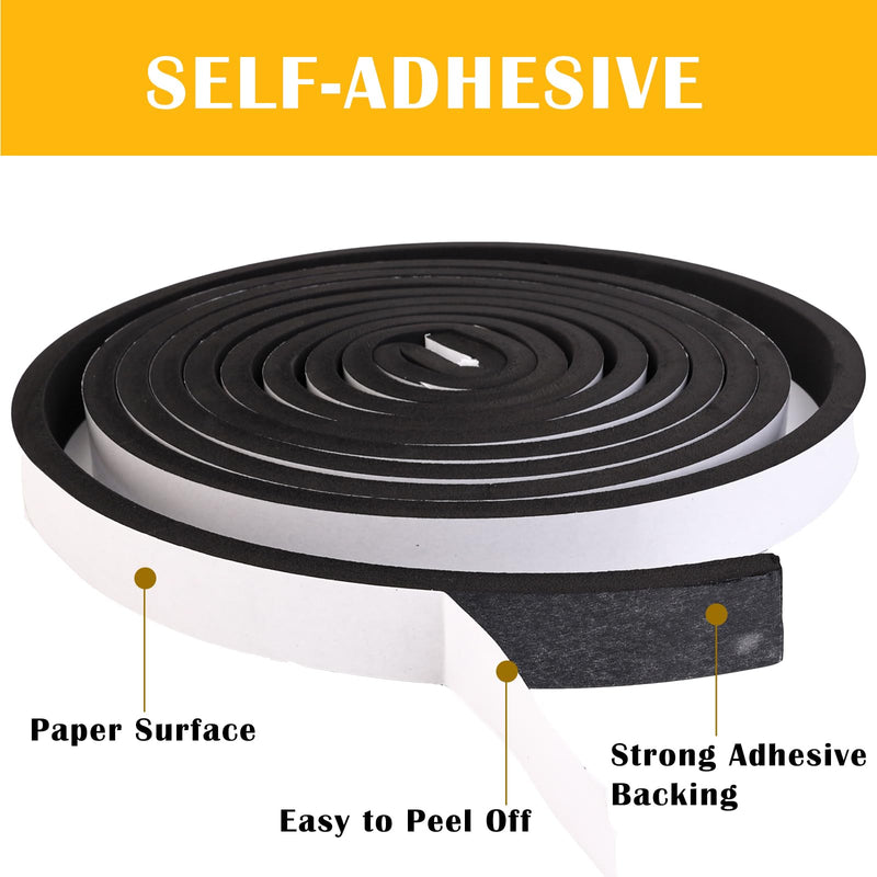 Black Foam Insulation Tape with Self-Adhesive Backing,Closed Cell Foam Weatherstripping 1/2 inch Wide x 3/8 inch Thick,Soundproofing Door Weather Seal Strip for Door and AC Window Seal,High Denisty 1/2 In wide x 3/8 In thick x 16Ft