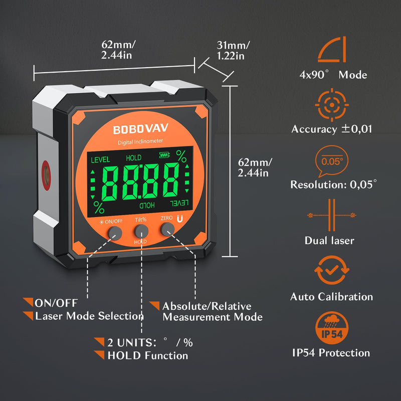 4-side Magnetic Digital Angle Gauge with Laser(Class 2, ＜1mW Output), 4 * 90° Rechargeable Electronic Inclinometer Protractor Level Gauge for Woodworking Tablesaw Orange