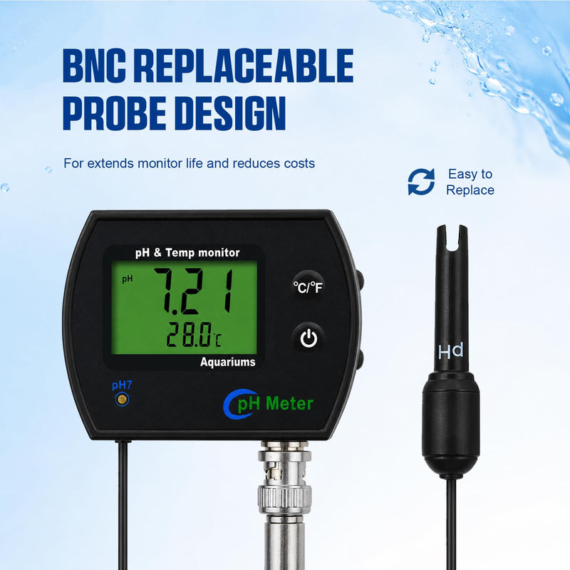 2 in 1 Temperature & pH Meter, High-Precision pH Tester, PH Monitor with Replaceable BNC Probe, 0.00~14.00pH Measurement Range, ATC, Backlit Display and °C/°F for Fish Tank, Hydroponics & Pools 2-in-1 Combo Monitor