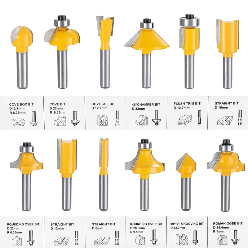 [Australia - AusPower] - HPMAISON 12-Piece Milling Cutter Set for Routers, Cylindrical Shank 6 mm, Precise Carbide Cutting Plates, Wood Cutter Bits Cutter Set for Edge Milling, Wood Router, Woodworking 12 pieces. Milling cutter set - shank 6 mm 