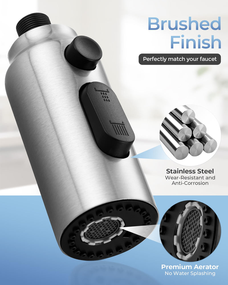[New Upgrade] iVIGA Pull Down Faucet Sprayer Head Replacement, Stainless Steel Brushed Nickel 3 Function Pull Out Spray Nozzle with 9 Adapters for Moen Kohler Delta G1/2 Male Connector Faucet