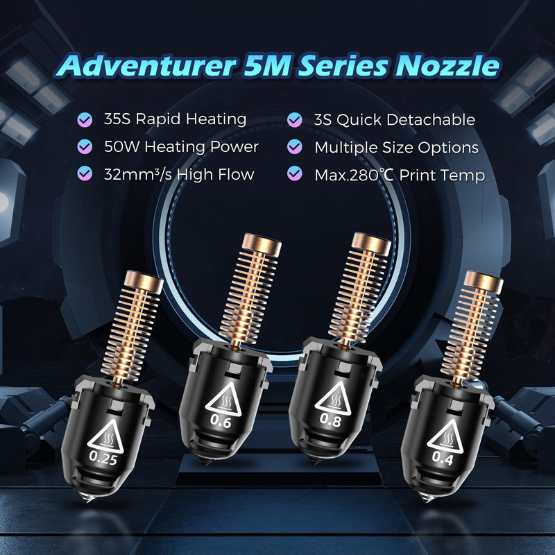 FLASHFORGE Adventurer 5M Pro Nozzle, 0.25mm 280℃ High Flow 32mm³/s Nozzle for Stable High-Speed Printing, Adventurer 5M Hotend, 3S Quick-Detachable Nozzle 0.25 mm