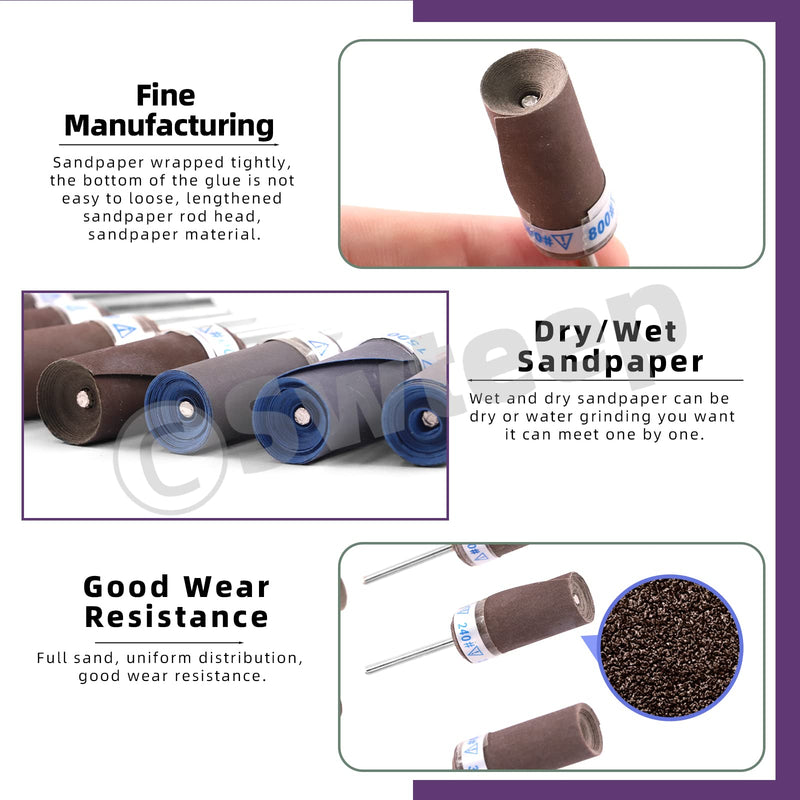 [Australia - AusPower] - Swpeet 10 Pcs Sanding Drums Sleeves Kit, 180-2500 Grit Sandpaper Grinding Head Sandpaper Bar Stick, Abrasives Cartridge Rolls, Polishing Burr Stick Roller Sanding Tool, Woodworking Polishing Tool 