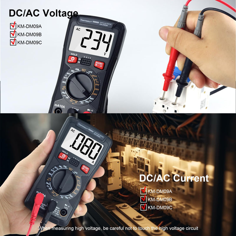 [Australia - AusPower] - Digital Multimeter Handheld Tester 2000 Counts with NCV Function Suitable for Home Industrial and Automotive Use Diode hFE Tester Smart Multimeter Electronic Service Tool KM-DM09 Series (KM-DM09A) KM-DM09A 
