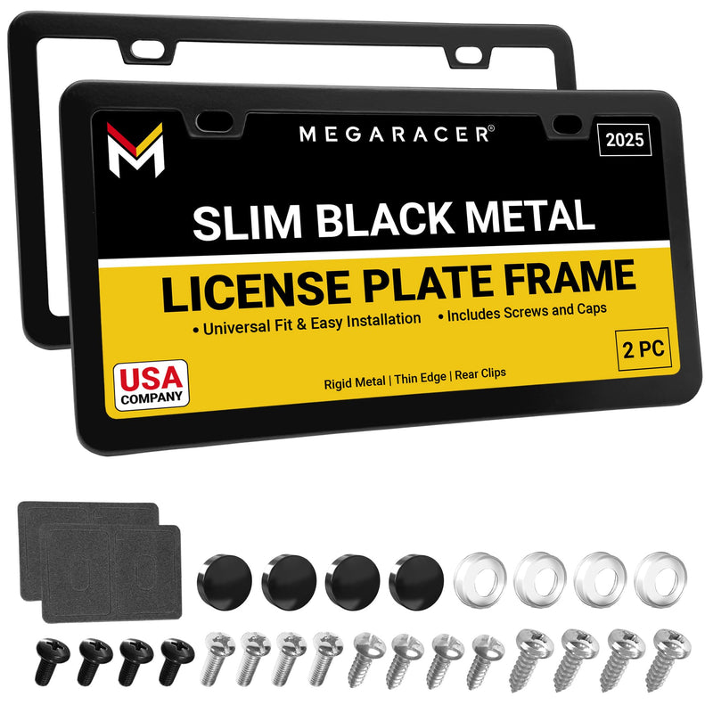 Premium Slim Matte Black License Plate Frames – 2 Pack, Rust-Free Stainless Steel & Rattle-Free, Street Legal, Universal with Screw Caps, Thin Metal Front & Rear Car Tag Holders for Men & Women 2 Piece