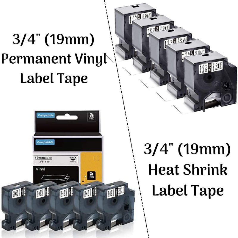 5Pack 3/4'' Permanent Vinyl Label Tape + 5Pack 3/4'' Heat Shrink Tube Labels Compatible with Dymo Rhino Industrial Label Makers 4200 5200 6000