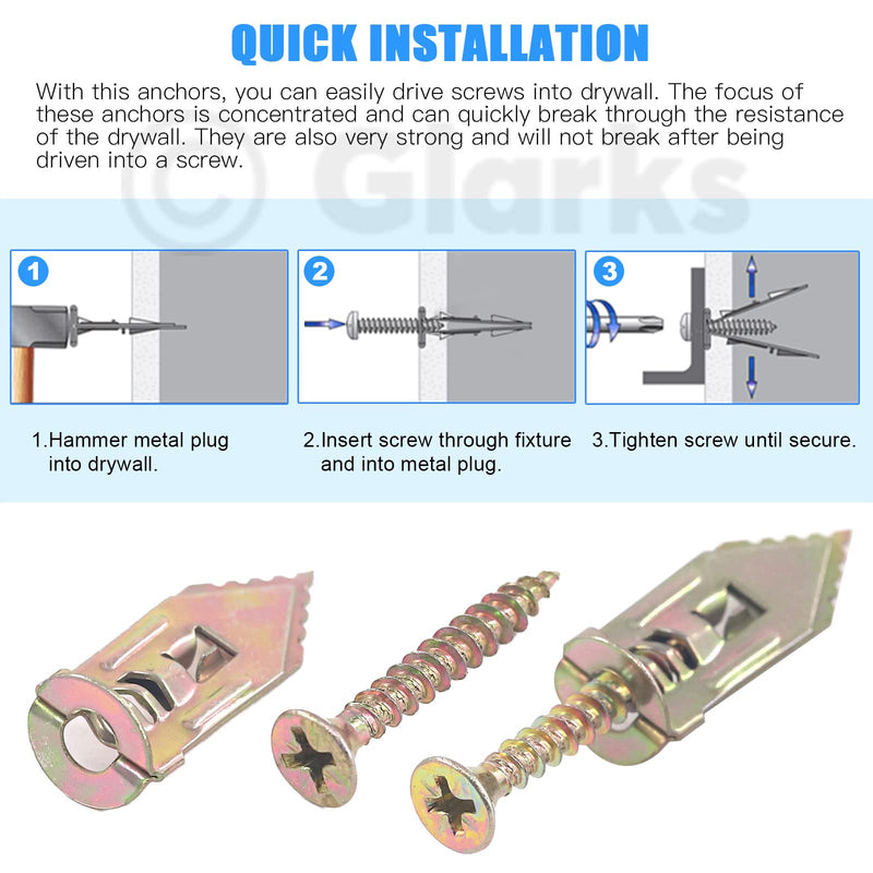 [Australia - AusPower] - Glarks 200Pcs Drywall Self-Drilling Anchors with Screws, 100Pcs Carbon Steel Hollow Wall Anchor Tapping Screw with 100Pcs Screws Kit, No Drill or Holes in Wall 