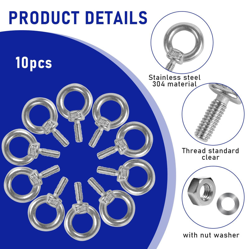 [Australia - AusPower] - 10 Pack Eye Bolts with Nuts M6 Screw Eyebolt Stainless Steel Heavy Duty Eye Bolt Male Screw Thread Ring Shoulder Eye Bolts 
