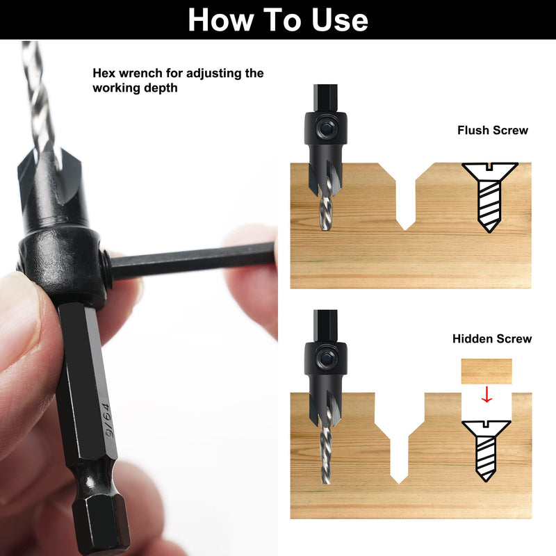 [Australia - AusPower] - Countersink Drill Bit Set, 3Pcs Tapered Drill Bits M2 HSS, with 1/4" Hex Shank Quick Change and Allen Wrench, Counter Sinker Set for Woodworking and Carpentry, Pilot Screw Hole Set Set #6#8#10 