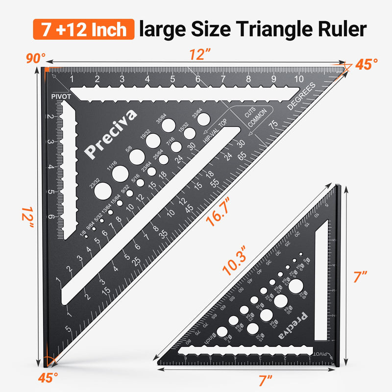Preciva Carpenter Square Set, 12 inch (1/16" Scale) and 7 inch Rafter Square Aluminum Alloy, Multi-Purpose Carpenter Tool Measuring Layout Tool for Woodworking and Carpentry 7+12 IN