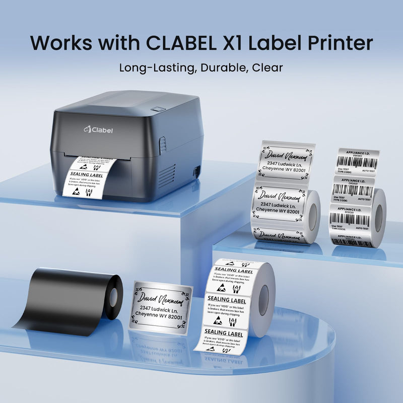 Clabel Thermal Transfer Silver PET Labels 3.15 x 2.36 in (80 x 60 mm) for Barcodes and Asset Labels, 400 Labels per Roll, Industrial Equipment Identification, Compatible with Thermal Transfer Printers 3.15" x 2.36"