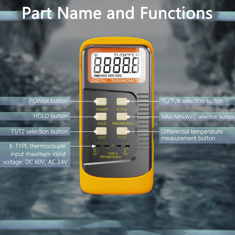[Australia - AusPower] - Handheld Thermocouple Thermometer, 2 Channels K Type Thermocouple Probe and 4 Thermocouples, Measuring Range -50 to 1370°C(-58 to 2498°F), Contains 4 Thermocouple Probes 6802-04 