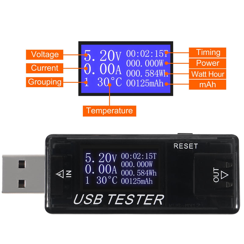 [Australia - AusPower] - 2pcs 8 in 1 USB Tester 10V 3A Voltage Current Tester Voltmeter Capacity Current Meter Digital Multimeter Current Tester Voltage Detector (Black) Black 