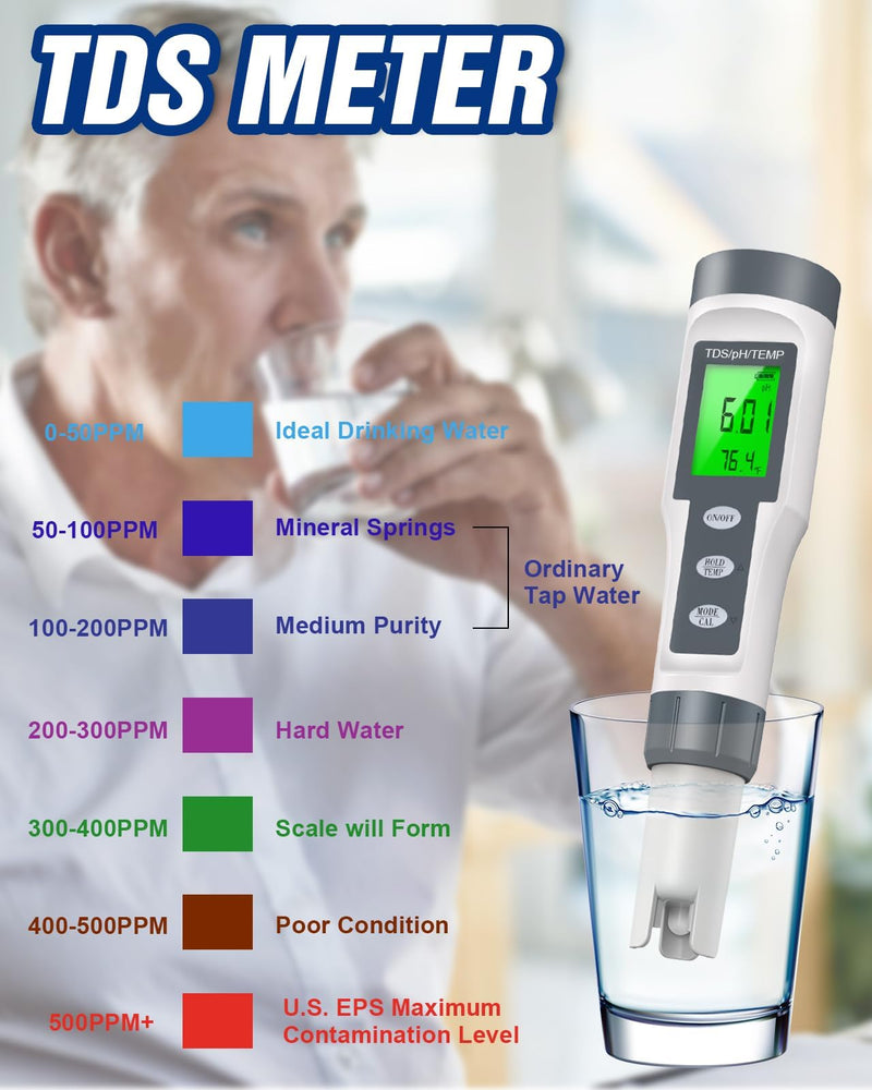 [Australia - AusPower] - pH Meter & TDS Meter, 0.01 High Precision Water Quality Tester TDS/pH/Temp 3-in-1 pH Tester for Water, 0-14 pH Test Range, Easy to Read, Calibrate, PPM Meter for Drinking Water, Wine, Food and Pool White 
