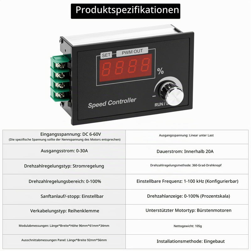 QWORK® PWM DC Motor Speed Controller 6-60V 30A - Digital LED Speed Controller for Engines 12V 24V 36V 48V Infinitely Adjustable with Rotary Knob