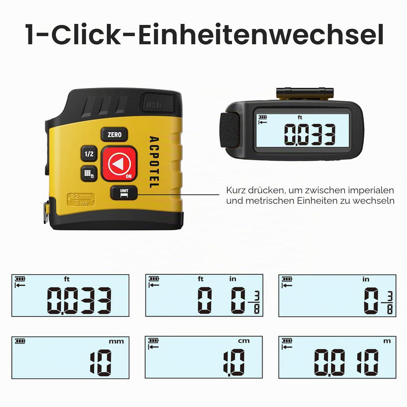ACPOTEL DT20 Digital Tape Measure 5M, Yellow & Rechargeable Meter | 6 metric and imperial units, adjustable retractable digital measuring tape, break display 1/16 (version without laser)