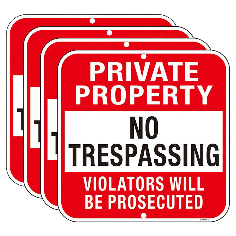 Large (4 Pack) Private Property No Trespassing Sign, 12x12 Inches Metal Heavy Duty Reflective Aluminum, Violators Will Be Prosecuted, Weatherproof Up to 7 Years Outdoor 12x12 Inch 4-Pack
