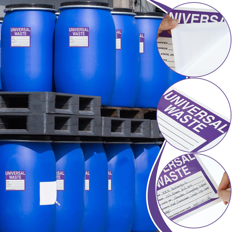50 Pcs Universal Waste Labels - 6 x 6 Inch Adhesive Coated Paper Hazardous Waste Label, Purple/Black/White 50
