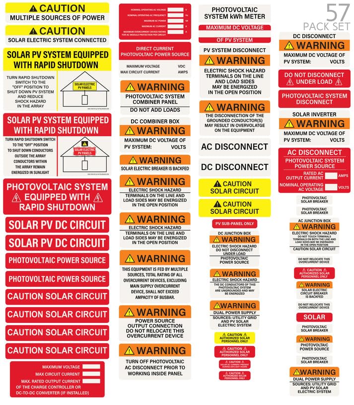 Photovoltaic Solar System Installer Label Kit | 57 Pack | 2020 | 2017 Code | Electrical Panel Safety | PV Warning Set | Caution Solar Circuit | Made in USA