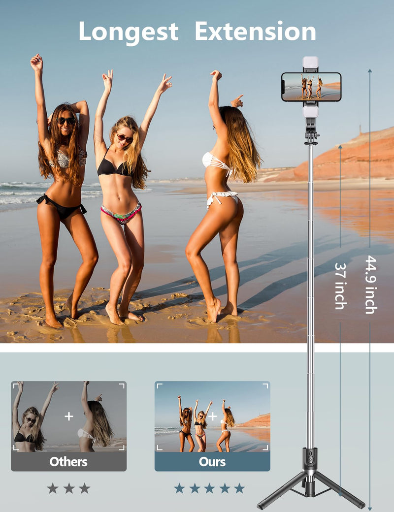 [Australia - AusPower] - Selfie Stick Tripod with Light, 45'' Selfie Stick with Wireless Remote, Portable Phone Tripod Compatible with iPhone 15 Pro Max/15/14 Pro/14/13, Samsung S22/ S23 Ultra/Android Smartphone Black 