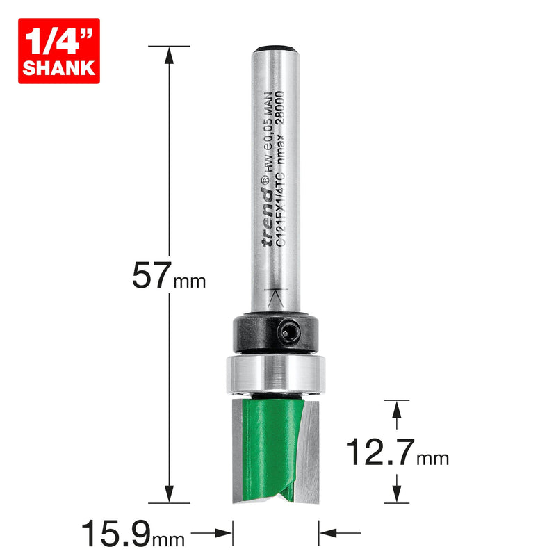 Trend Craft Pro 1/4" Shank Guided Template Profiler Router Cutter Bit - Ref C121FX1/4TC x Diameter 12.7mm; Cutting Length 12.7mm; Bearing 12.7mm Tungsten Carbide Tipped GUIDED PROFILER 9.5MM X 6.35MM CUT