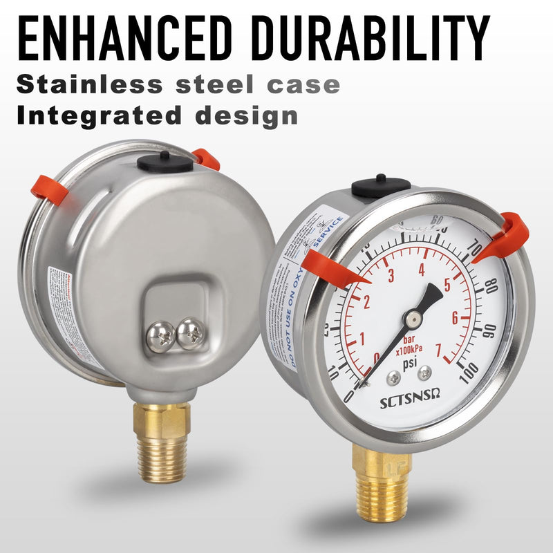 [Australia - AusPower] - 0 to 100 Psi Lead-Free Pressure Gauge, Glycerin Liquid Filled, 2.5 inch Dial, 1/4" NPT Lower Mount, Stainless Steel Case, for Water Pump, Pneumatic Air, Well Tank, RV Hose, Gas, Pressure Test 0-100 Psi Lower Mount Lead-Free 