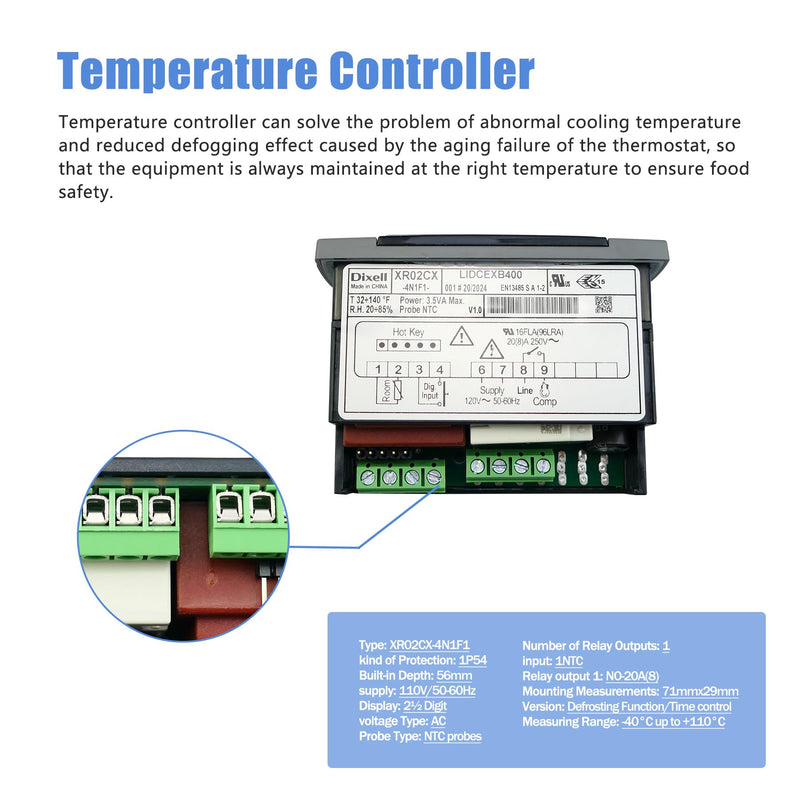 [Australia - AusPower] - XR02CX-4N1F1 Dixell Temperature Controllers Refrigerator Digital Thermostat Controller for Fridges Freezers Heating Appliances 120V/50-60Hz with 1 NTC Probe 