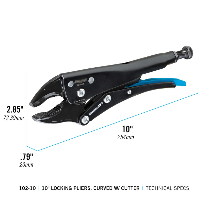 Channellock Locking Pliers 102-10 - Curved Jaw, Wire Cutter, Epoxy Resin Coating, Forged Steel - 10 In 10" Curved Jaw Locking Pliers w/ Wire Cutter