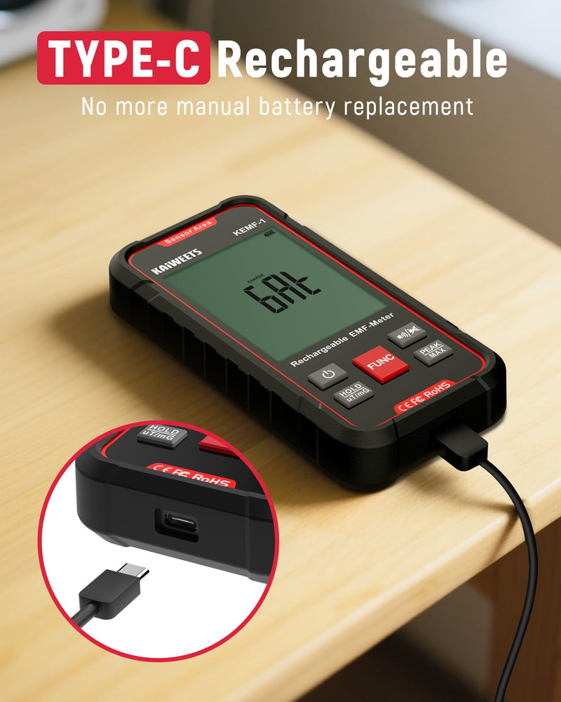 [Australia - AusPower] - KAIWEETS EMF Detector, 3-in-1 Handheld EMF Meter Detects EF, RF, MF, WiFi Signal, Rechargeable Radiation Detector with 3 Color Backlight and Sound Alarm, Suitable for Home, Office, Ghost Hunting 