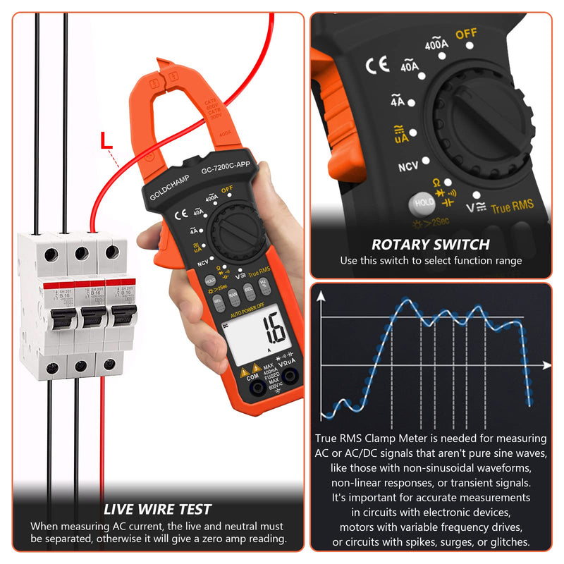 [Australia - AusPower] - Digital Clamp Meter with APP Bluetooth, 4nF~40mF Capacitance Meter, 400uA/4000uA DC Current, True RMS AC Clamp Meter, 400?~40M? Resistance Meter, NCV Function and Continuity Buzzer-GC-7200CAPP GC-7200C-APP(APP amp meter) 