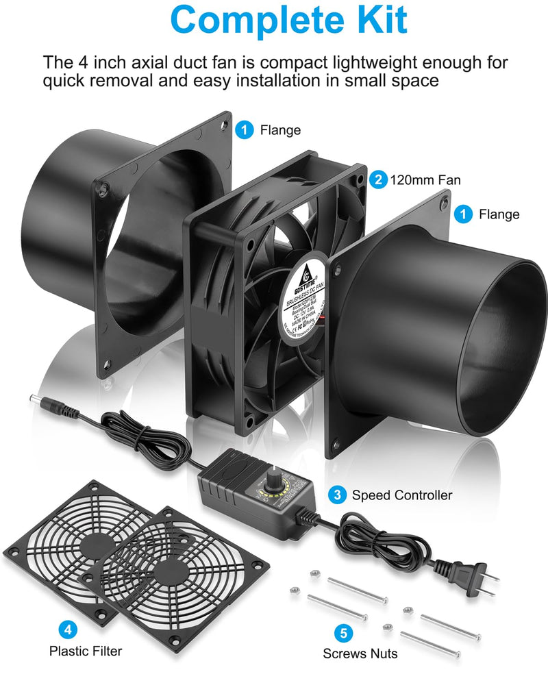 GDSTIME 120mm x 38mm 12V DC Axial Cooling Fan with Speed Controller, 110V 120V AC Powered, 4 Inch Small Duct Exhaust Fan with 2 Flanges for Soldering, 3D Printer Enclosure, Paint Booth Ventilation 1238 Fan + 2 Flanges
