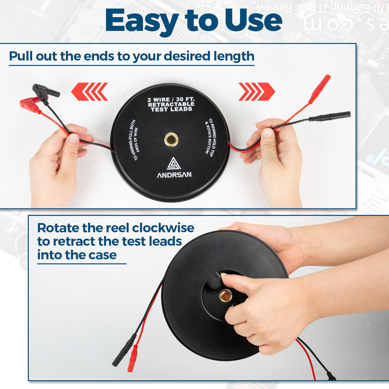 [Australia - AusPower] - 2 Wire 30 ft Retractable Test Leads with 4 mm Banana Plugs, 18 AWG Multimeter Test Leads with 4 Alligator Clips, 2 Test Probes and 2 Wire Piercing Probes, Test Lead Kit for Testing Electrical Circuits 