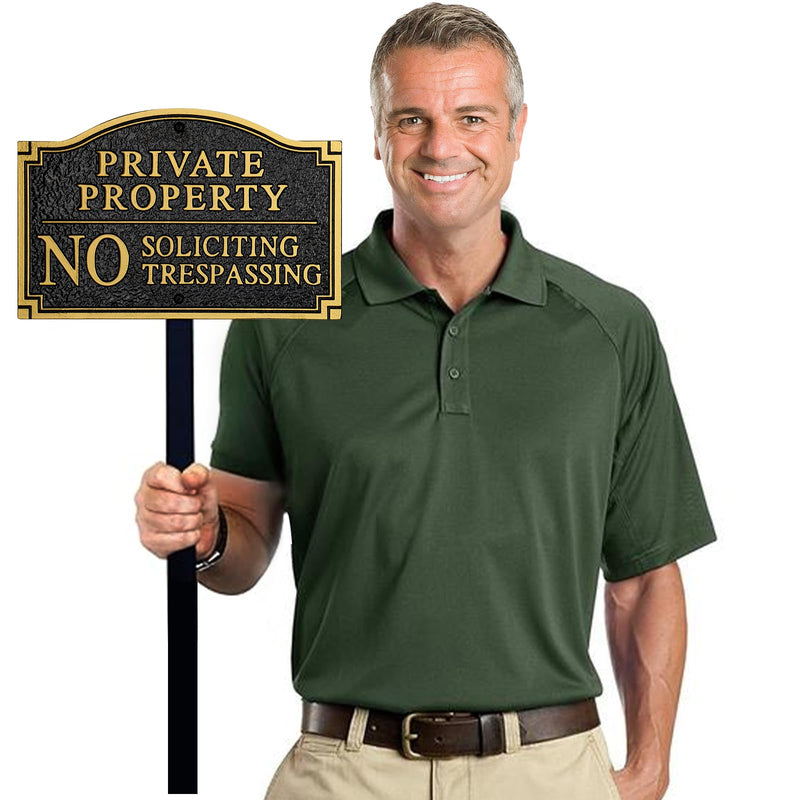 Private Property No Soliciting No Trespassing Statement Plaque,Solid Metal Cast Yard Sign, Heavy Duty Material, Embossed Letters,11.5"×7.5" with 31.5" Stakes and Upgraded Stainless Screws
