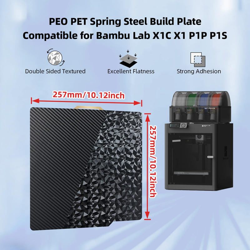 [Australia - AusPower] - Double Sided Textured PEO PET Build Plate for Bambu Lab X1C/X1/X1E/P1P/P1S/A1, Smooth Diamond PEO+Carbon Fiber PET Spring Steel Sheet Plate 257x257mm for Bambu Labs Smooth PEO+Smooth PET 