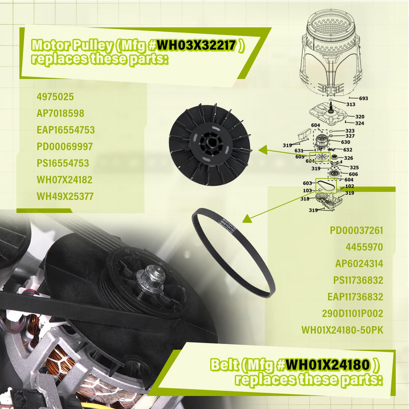 [Australia - AusPower] - WH03X32217 Washer 1/2 HP Motor Pulley & WH01X24180 Belt & Nut Kit Perfectly Compatible with GE Washer(some models), Replaces 4975025 4455970 WH07X24182 WH49X25377 290D1101P002 WH01X24180-50PK, etc. 