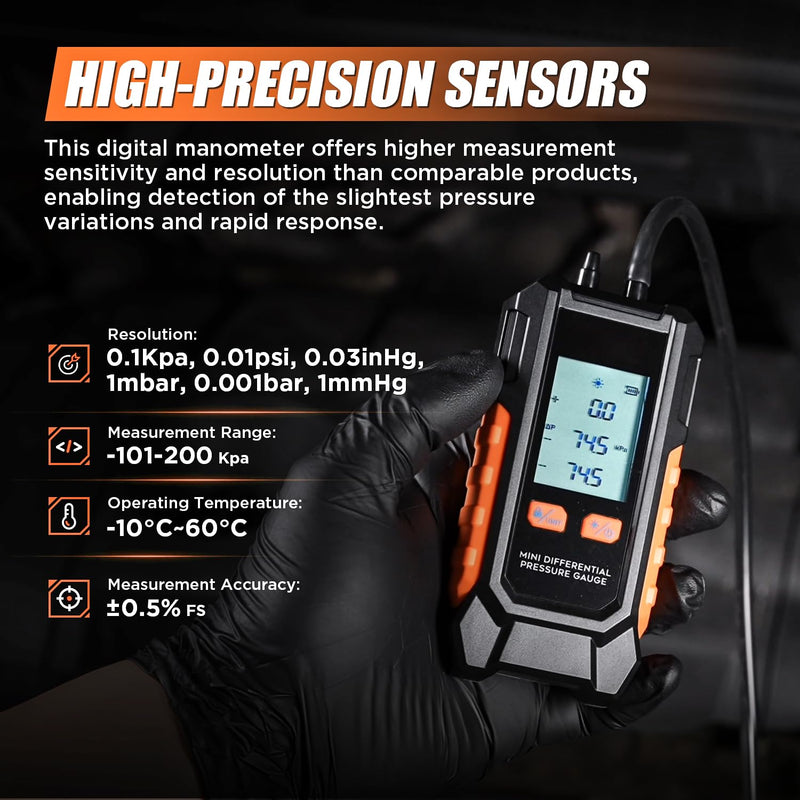 Digital Manometer -101~200kPa Manometer Gas Pressure Tester, Data Zero & Calibration Mini HVAC Gas Pressure Tester with Backlight LCD Display & Data Hold, 6 Units, 7 Adapters